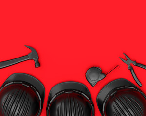 Top view of monochrome construction tools for repair on red background