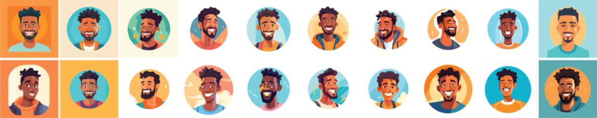 Set of a Portrait and avatar of male. Laughter and joy, smile and calmness. Diversity of personage, multiethnic society. Cartoon character, vector in flat style, flat color.  - obrazy, fototapety, plakaty