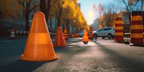 Road Cone, Construction Cone, Red Plastic Warning Sign, Road Witches' Hat, Channelizing Cone on Street - obrazy, fototapety, plakaty