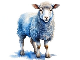 Watercolor Blue Sheep Portrait Isolated, Color Aquarelle Lamb, Creative Watercolor Blue Sheep