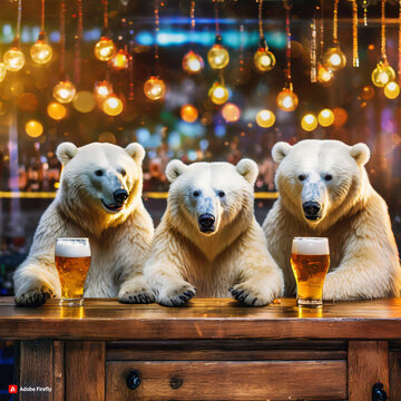 Three white polar bears drinking beer at the bar in the oldschool pub. 