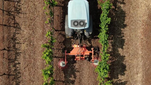 Tractor Weeding A Vineyard Aerial
