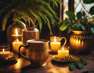 Fototapeta premium Cacao ceremony. Ceremonial cups with ethnic ornaments on a hardwood table, surrounded with chocolate bars, glowing candle lights and green plants. 