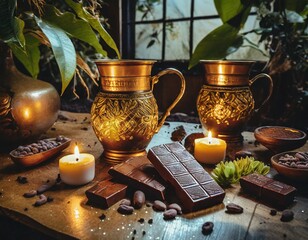 Cacao ceremony. Cups with ethnic ornaments on a hardwood table, surrounded with chocolate bars, glowing candle lights and green plants.  - obrazy, fototapety, plakaty