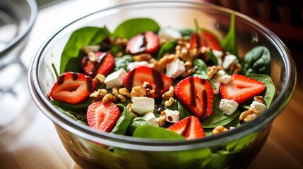 Fresh strawberries, spinach and goat cheese salad with grilled chicken breast. Generative AI - obrazy, fototapety, plakaty