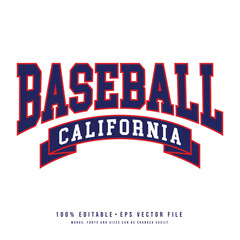 Baseball California typography design vector. Editable college t-shirt design printable text effect vector	