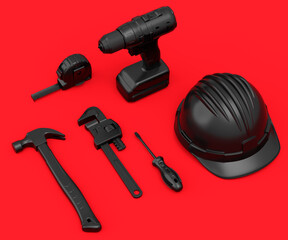 Top view of monochrome construction tools for repair on red background