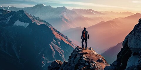 Adventure and exploration in heart of nature. Lone traveler adorned with backpack stands triumphantly on mountain peak gazing at breathtaking panoramic. Rugged terrain dusted with snow touch of winter - obrazy, fototapety, plakaty