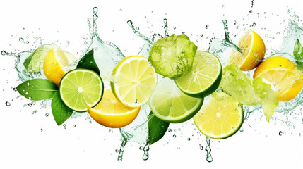 Slices of fresh and ripe lime with ice cubes, splashing water and mint leaves - obrazy, fototapety, plakaty
