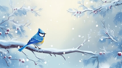 Snow winter with cute songbird. Bird Blue Tit in forest snowflakes nice lichen branch Generative AI - obrazy, fototapety, plakaty