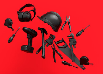Flying view of monochrome construction tools for repair on red background