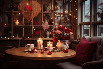 Romantic Couple Meeting in Cozy Cafe with Valentine's Decor, Candles, and Flowers