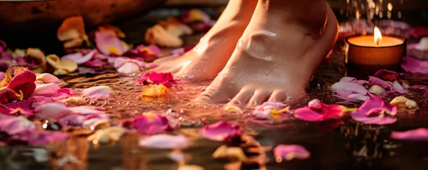 Fototapeten Spa treatment for feet with beautiful pedicure in golden Thai bowl water with flower petals.Body care. Beauty salon.Close-up of a woman washing delicate and smooth feet. Ultra wide banner.Copy space © stateronz