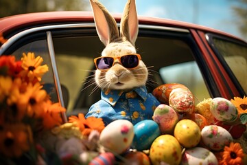 easter rabbit with sunglasses and painted eggs looking out from a car