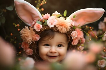 Obraz premium little child with eater rabbit ear and flower in nature