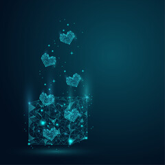  Cyber  Cube & Hearts. Abstract blue background with space for text. Hearts and cube from lines and triangles, point connecting network on blue background. Low-Polly style. Illustration vector