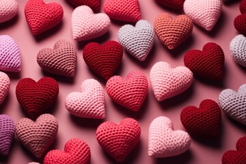 Collection of small knitted heart-shaped decorations on a pink background by Generative AI