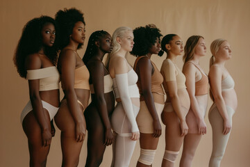 Young diverse group of women wearing underwear. Concept image representing diversity and self acceptance - obrazy, fototapety, plakaty