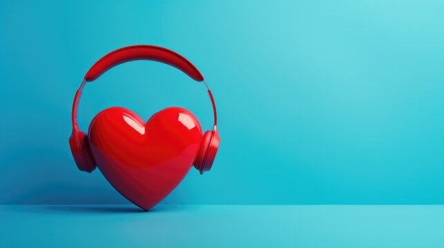 A red heart with headphones on a blue background. Generative AI.