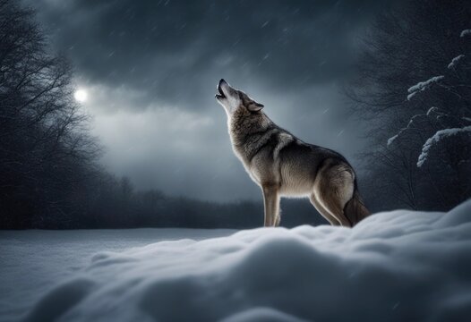 a wolf is standing in a snow field in the dark