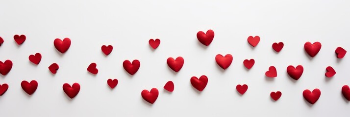 Happy Saint Valentine's day card, hanging pink, white and red hearts on rose background.