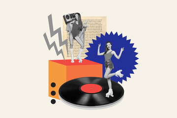 Retro party concept collage of young two girlfriend have fun with vinyl plate and boombox audio...