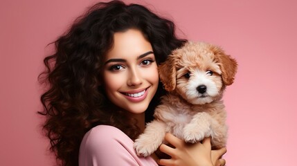 Happy young woman with curly hair hugging cute puppy.