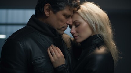 Obraz premium A man and woman in leather jackets are embracing. Generative AI.