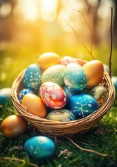 Easter eggs in basket on grass. Generative AI.