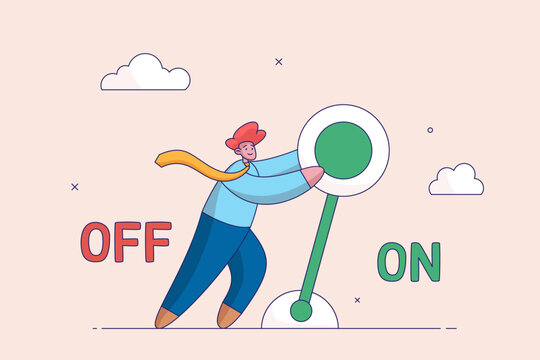 Setting or preference concept. Turn on switch, paradigm shift or change to be better status, start or begin business, smart businessman push setting button switch to on position.
