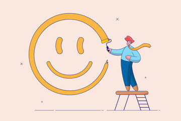 Happiness and positive thinking, optimism or motivation to live happy life concept, happy boy climb up ladder to paint smile face on the wall. Modern flat vector illustration