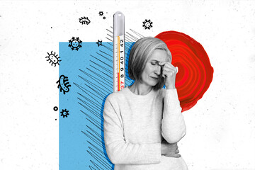 Photo illustration picture mature unhappy lady feel sick cold high temperature fever medical...