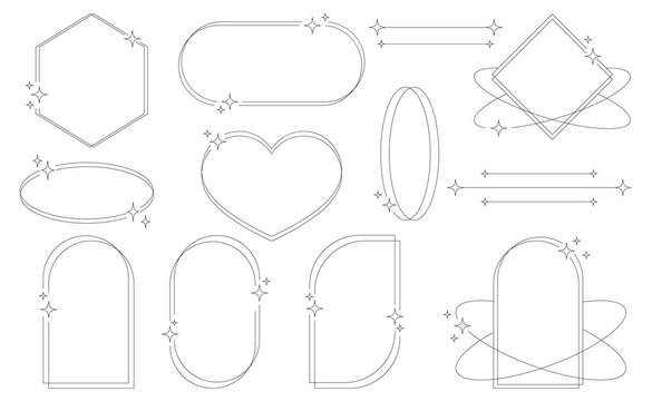 Set of geometric aesthetic abstract line frames and shapes with stars boho, brutalism, Y2K style. Geometric elements with sparkles for template design social media, poster, banner, logo, stickers