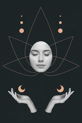 Vertical collage picture of black white colors girl arms face closed eyes painted lotus flower...