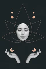Deurstickers Vertical collage picture of black white colors girl arms face closed eyes painted lotus flower meditate isolated on dark background © deagreez