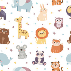 Obraz na płótnie Canvas Vector seamless pattern with cute wild animals, colorful kids background