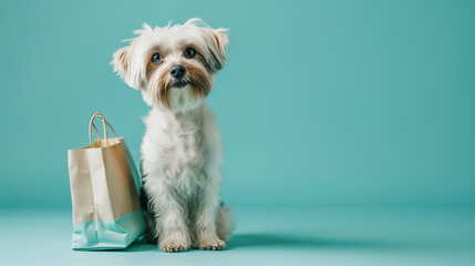  adorable dog  with shopping bag with blank space , layout. isolated on blue background. concept...