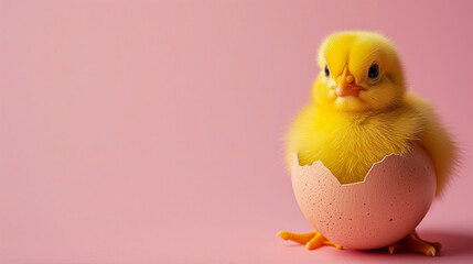 cute yellow chick peeps out of the easter egg on pastel pink background with copy space