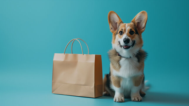  adorable dog  with shopping bag with blank space , layout. isolated on blue background. concept for advertising, discounts, sale, pet store, black friday