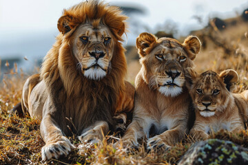 lion family in the grassland - obrazy, fototapety, plakaty