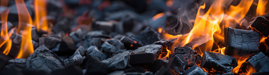 Burning firewood and coals of a fire close up. Background for grilled food with fire. - obrazy, fototapety, plakaty
