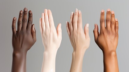 Hands of different people, of diverse race, skin color, gender raising over grey background. Human...