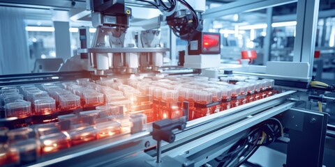 A robotic production line fills, seals, and labels bottles in a high-tech cosmetics factory. Quality and hygiene are ensured with precision. Generative AI.