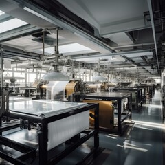 A factory with many machines and tables. Generative AI.