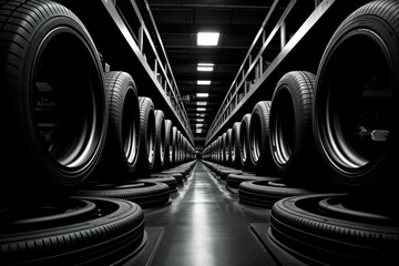 A black and white photo of tires in a warehouse. Generative AI. - obrazy, fototapety, plakaty
