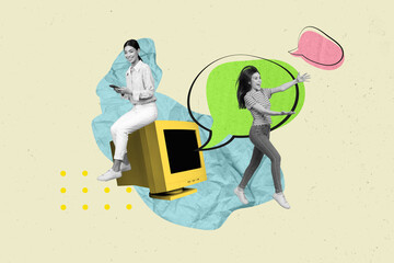 Collage picture of two mini funky black white colors girls sit big screen use smart phone run catch...