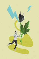 Vertical collage illustration of funny young guy holding green energy plant electricity adapter...