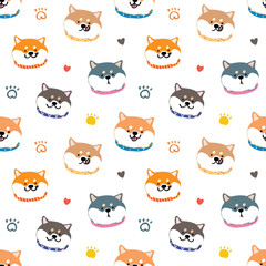 Seamless Pattern with Cute Cartoon Shiba Inu Dog Face Design on White Background