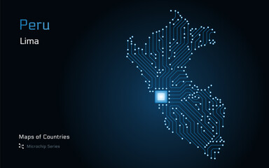 Peru Map with a capital of Lima Shown in a Microchip Pattern. E-government. TSMC. World Countries vector maps. Microchip Series