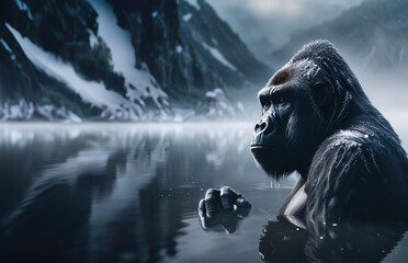AI generated illustration of a gorilla in a frozen lake
